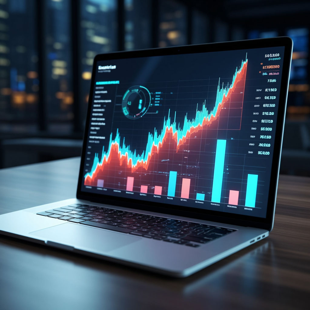 Data streams are converted into growth charts on a laptop screen.